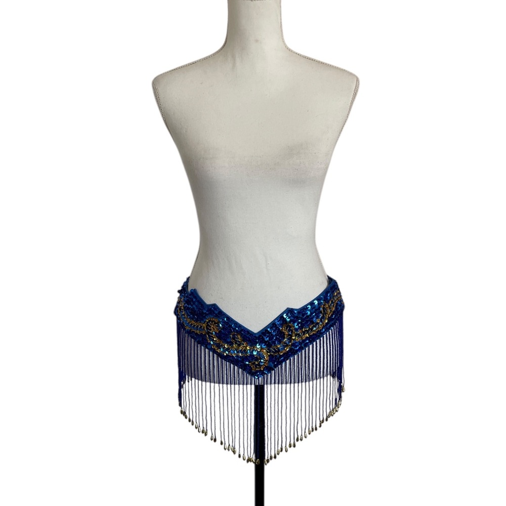 Blue and Gold Sequins Beaded Fringe Belt Dance Costume